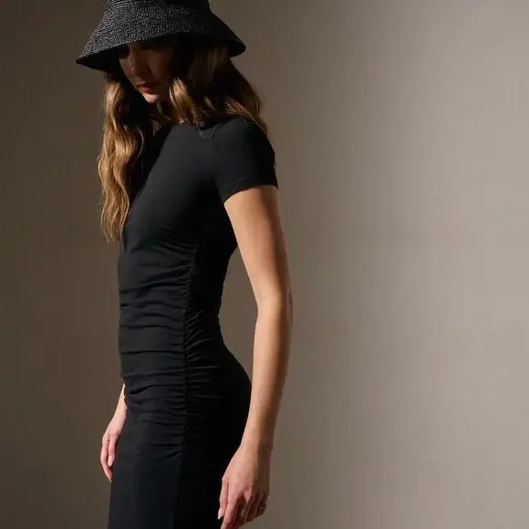 James Perse Black Ruched T-Shirt Midi Dress Women’s Size Large 3 Cotton Stretch - Picture 7 of 16